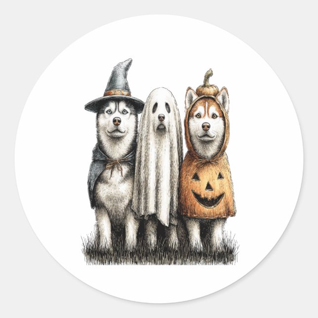 Sticker Rond Chien sibérien Husky Ghost d'Halloween (Devant)