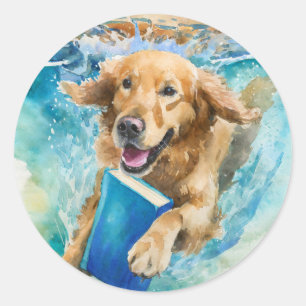 Sticker Rond Chien sobre s'ébattant avec un gros livre de rétab