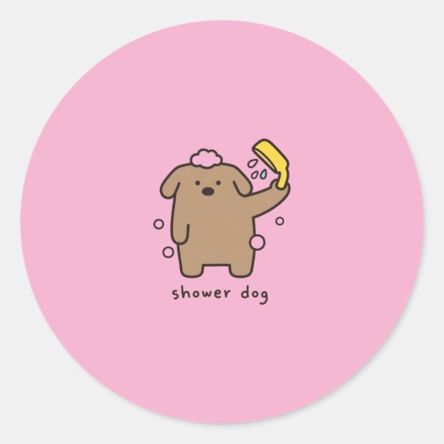 Sticker Rond Chien sous la douche Brun Caniche Heure du bain Ka (Devant)