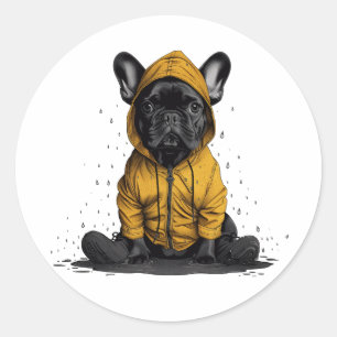 Sticker Rond Chien-taureau français mignon portant Raincoat
