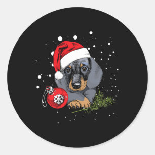 Sticker Rond Chien teckel Noël Arbre Lumineux Père Noël Cadeau