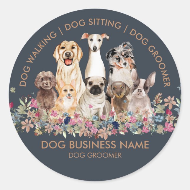 Sticker Rond Chien Walking Groomer Services aux animaux domesti (Devant)