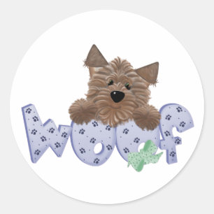 Sticker Rond Chien Woof de Yorkie (bleu)