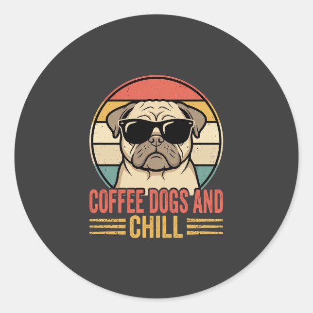 Sticker Rond Chiens de café et Pug Rétro Chill (Devant)