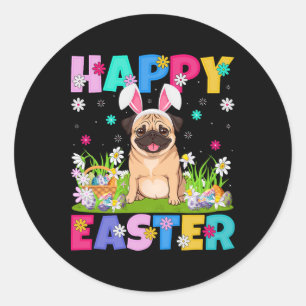 Sticker Rond Chiens de carlin Joyeux Oeufs de Pâques Chasse Bun