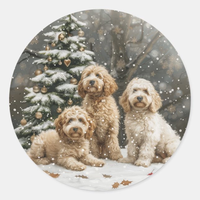 Sticker Rond Chiens de chiot de Noël Goldendoodle (Devant)