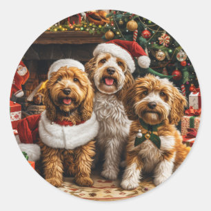 Sticker Rond Chiens de chiot de Noël Goldendoodle