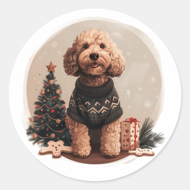 Sticker Rond Chiens de chiot de Noël Goldendoodle (Devant)