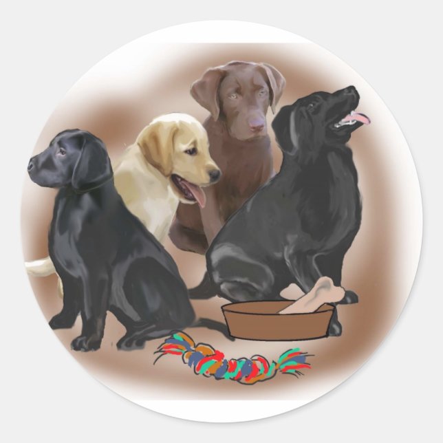 Sticker Rond Chiens de laboratoire avec jouets (Devant)