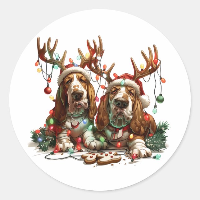 Sticker Rond Chiens de Noël Basset Hound (Devant)