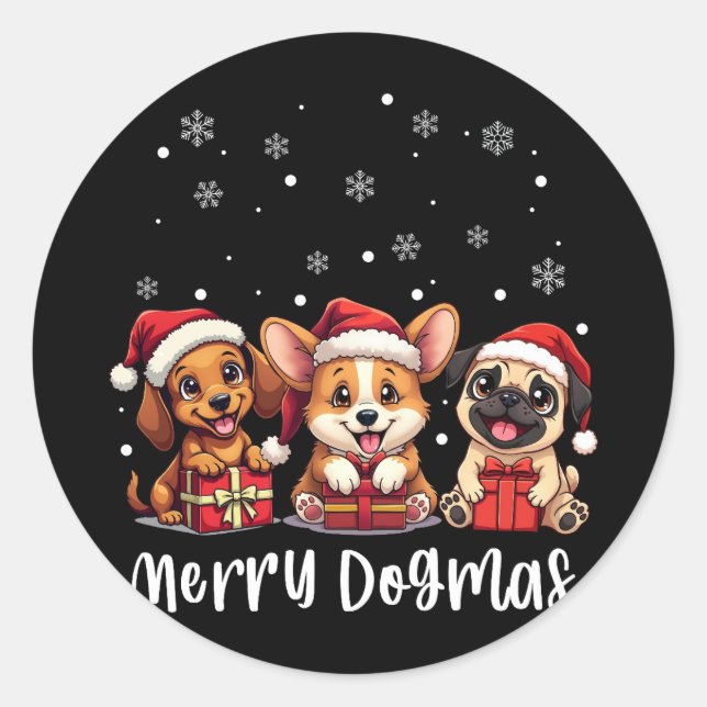 Sticker Rond Chiens de Noël Chiens de Noël Joyeux Dogmas (Devant)