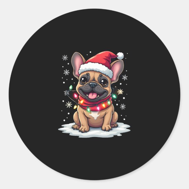 Sticker Rond Chiens de Noël Français Drôle Lumières de chapeau  (Devant)