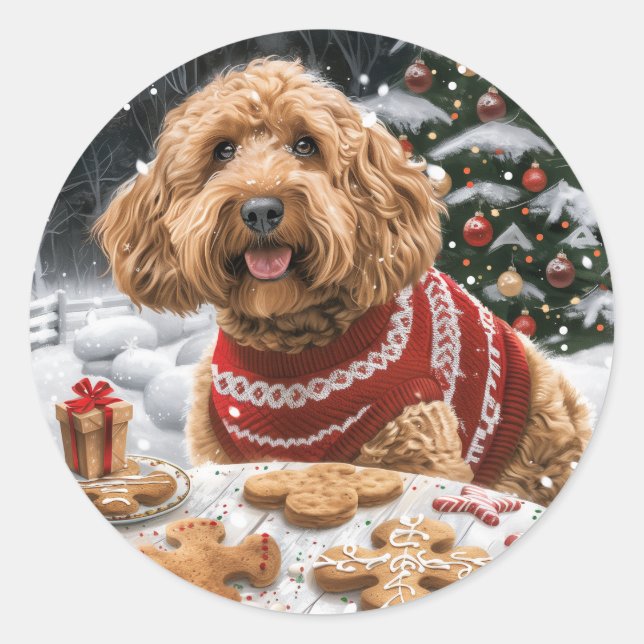 Sticker Rond Chiens de Noël Goldendoodle (Devant)