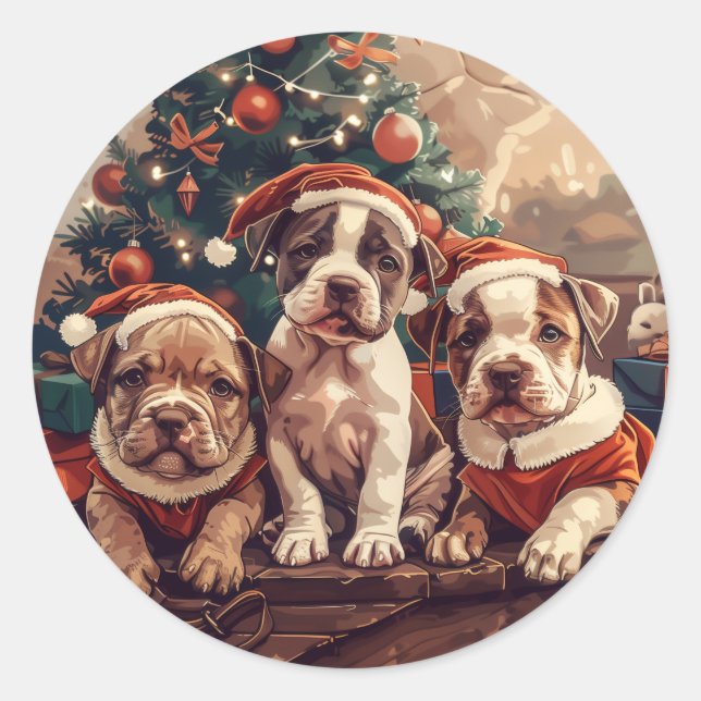 Sticker Rond Chiens de Noël Pit Bull chiots (Devant)
