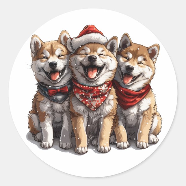 Sticker Rond Chiens de Noël Shiba Inu Père Noël (Devant)
