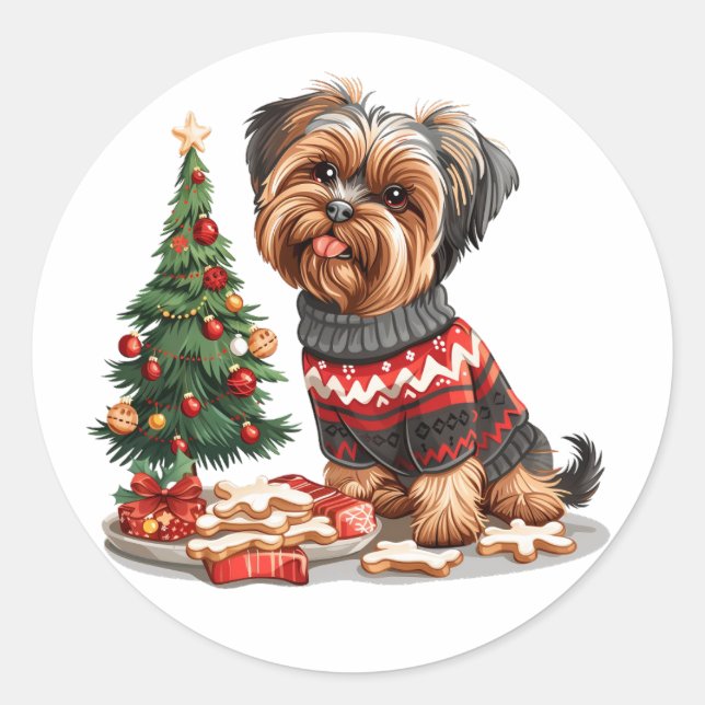 Sticker Rond Chiens de Noël Yorkshire Terrier (Devant)