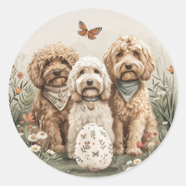 Sticker Rond Chiens de Pâques Goldendoodle (Devant)
