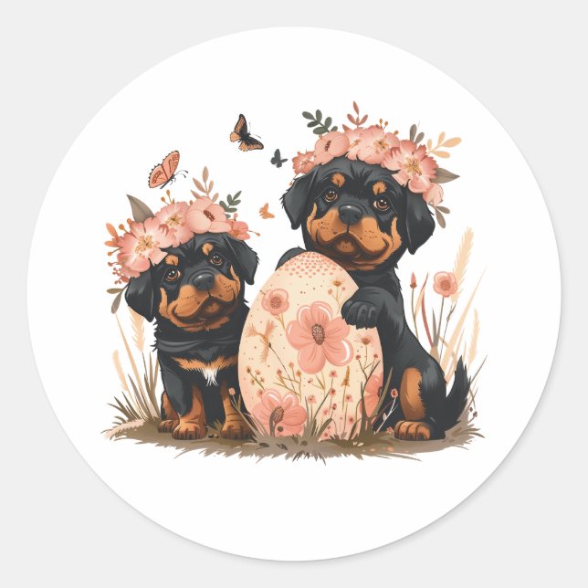 Sticker Rond Chiens de Pâques Rottweiler (Devant)