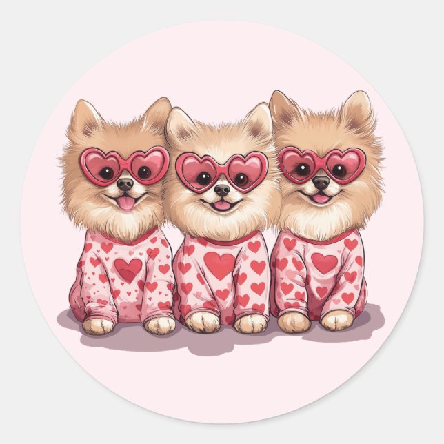 Sticker Rond Chiens de Poméranie de la Saint-Valentin (Devant)