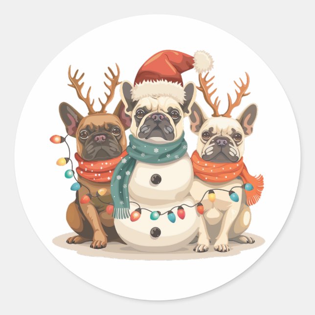 Sticker Rond Chiens de rennes de taureau français de Noël (Devant)