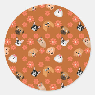 Sticker Rond Chiens et fleurs rouille