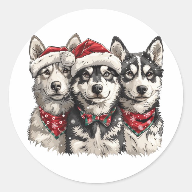 Sticker Rond Chiens Husky de Noël (Devant)