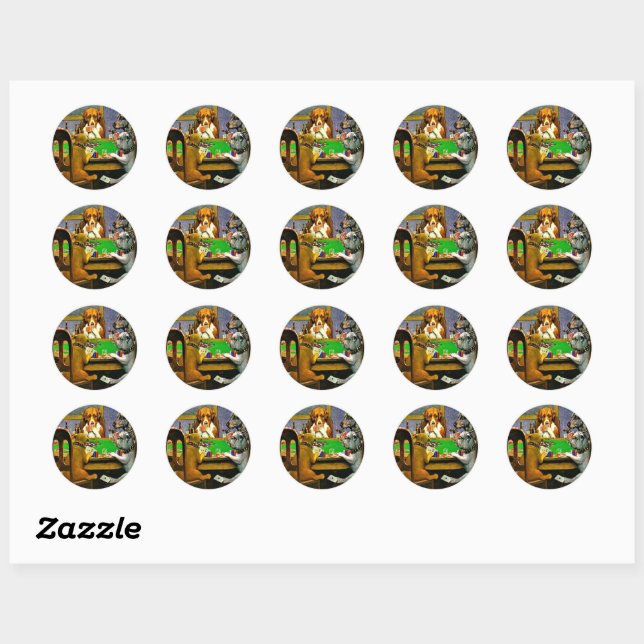 Sticker Rond Chiens Jouant au Poker (Feuille)