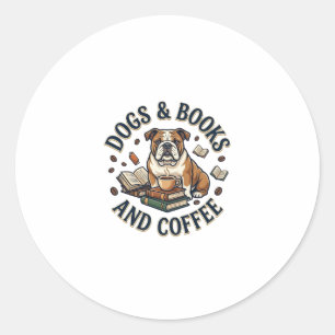 Sticker Rond Chiens Livres Café Bulldog Pile Tasse_1