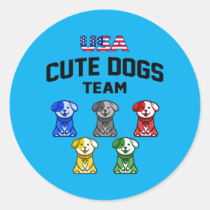 Sticker Rond Chiens Mignons Drôles Équipe De Chiots Usa