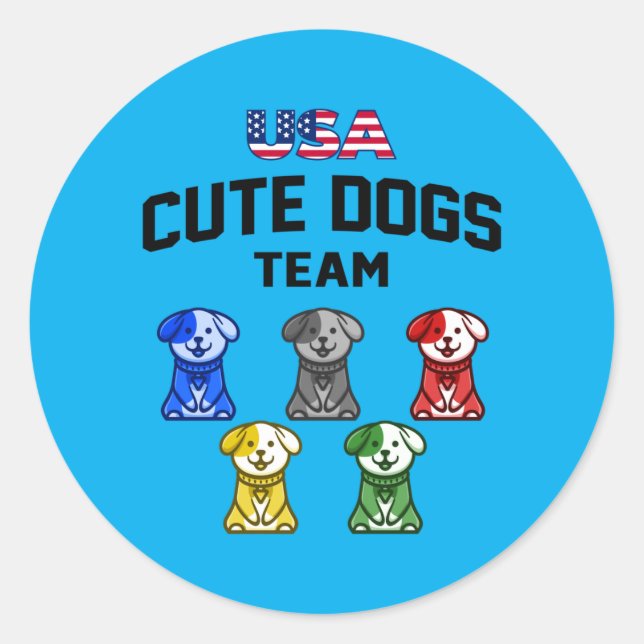 Sticker Rond Chiens Mignons Drôles Équipe De Chiots Usa (Devant)