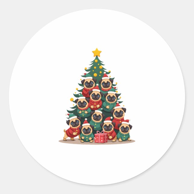 Sticker Rond Chiens Pug Arbre de Noël Mignon Noël (2) (Devant)