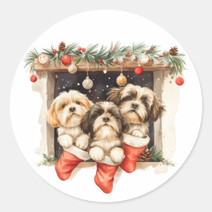 Sticker Rond Chiens Shih Tzu de Noël