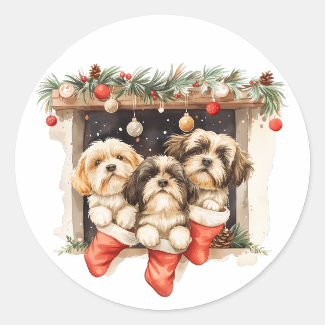Sticker Rond Chiens Shih Tzu de Noël (Devant)