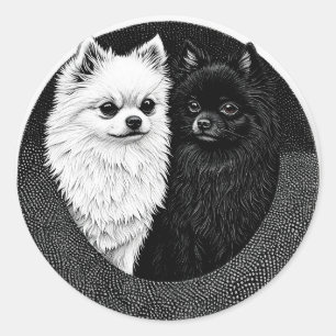 Sticker Rond Chiens Spitz Japonais Noir Blanc Amoureux d'Animau