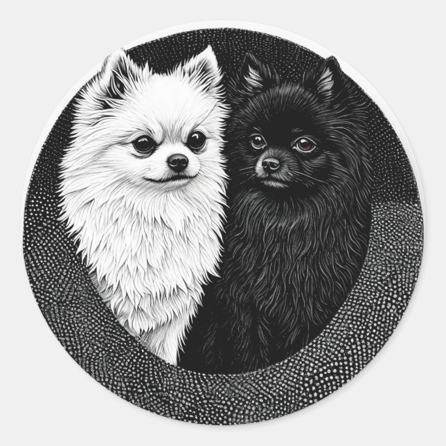 Sticker Rond Chiens Spitz Japonais Noir Blanc Amoureux d'Animau (Devant)