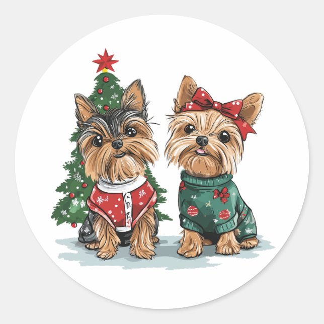 Sticker Rond Chiens Yorkie de Noël (Devant)