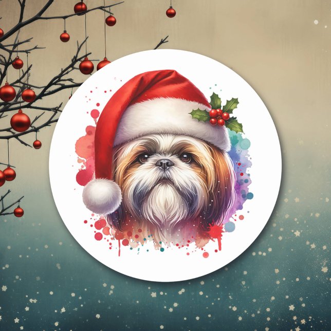 Sticker Rond Chih Tzu Chien à Santa Hat Noël (Créateur téléchargé)