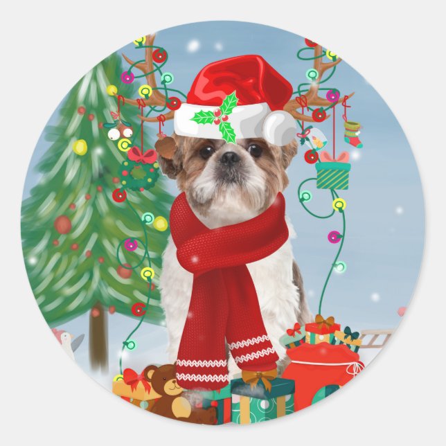 Sticker Rond Chih Tzu Chien dans Noël de neige (Devant)