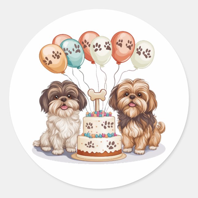 Sticker Rond Chih Tzu Chiens Anniversaire Gâteau (Devant)