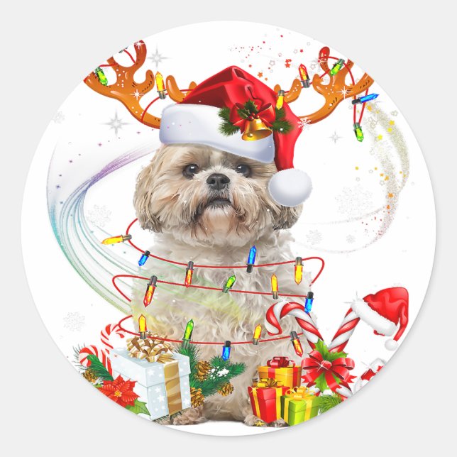 Sticker Rond Chih Tzu Christmas Reindeer | Lumières de Noël (Devant)