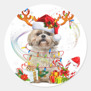 Sticker Rond Chih Tzu Christmas Reindeer Lumières de Noël