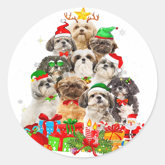Sticker Rond Chih Tzu Santa Hat | Cadeau de Noël (Devant)