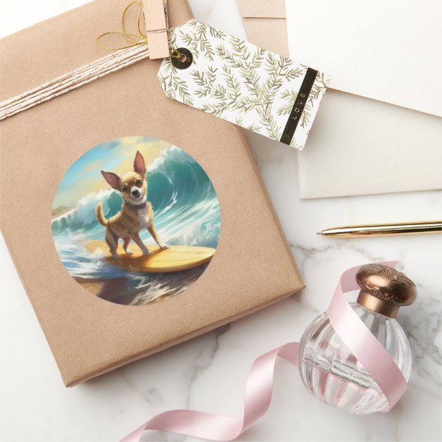 Sticker Rond Chihuahua Beach Surf Peinture (Cadeaux)