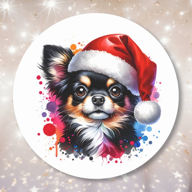 Sticker Rond Chihuahua Chien à Santa Hat Noël (Créateur téléchargé)