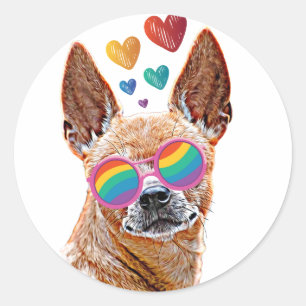 Sticker Rond Chihuahua Chien avec Coeurs Saint Valentin