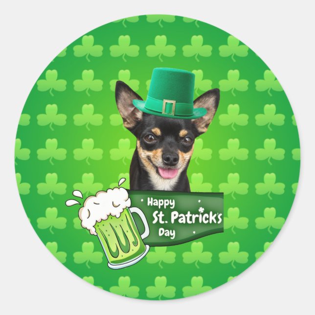 Sticker Rond Chihuahua Chien Chiot Chiot St. Patrick's Day Clov (Devant)