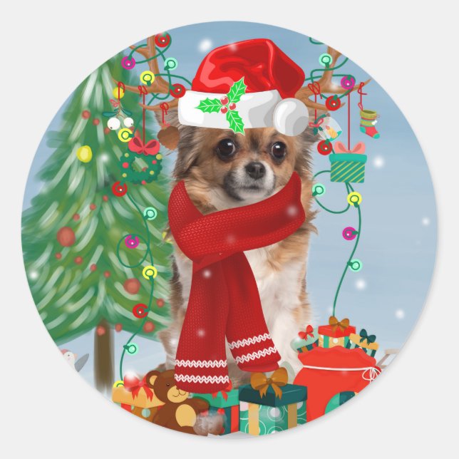 Sticker Rond Chihuahua Chien en neige avec cadeaux de Noël (Devant)