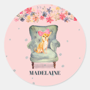 Sticker Rond Chihuahua Chien Floral Rose Silver