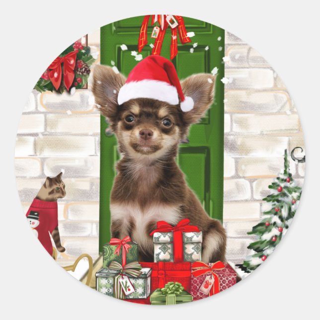 Sticker Rond Chihuahua Chien Noël (Devant)