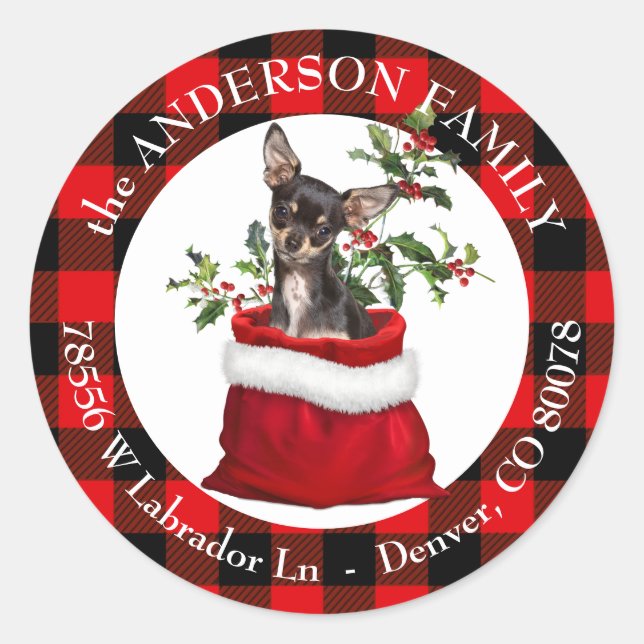 Sticker Rond Chihuahua Chien Noir Tan Plaid Cadre (Devant)